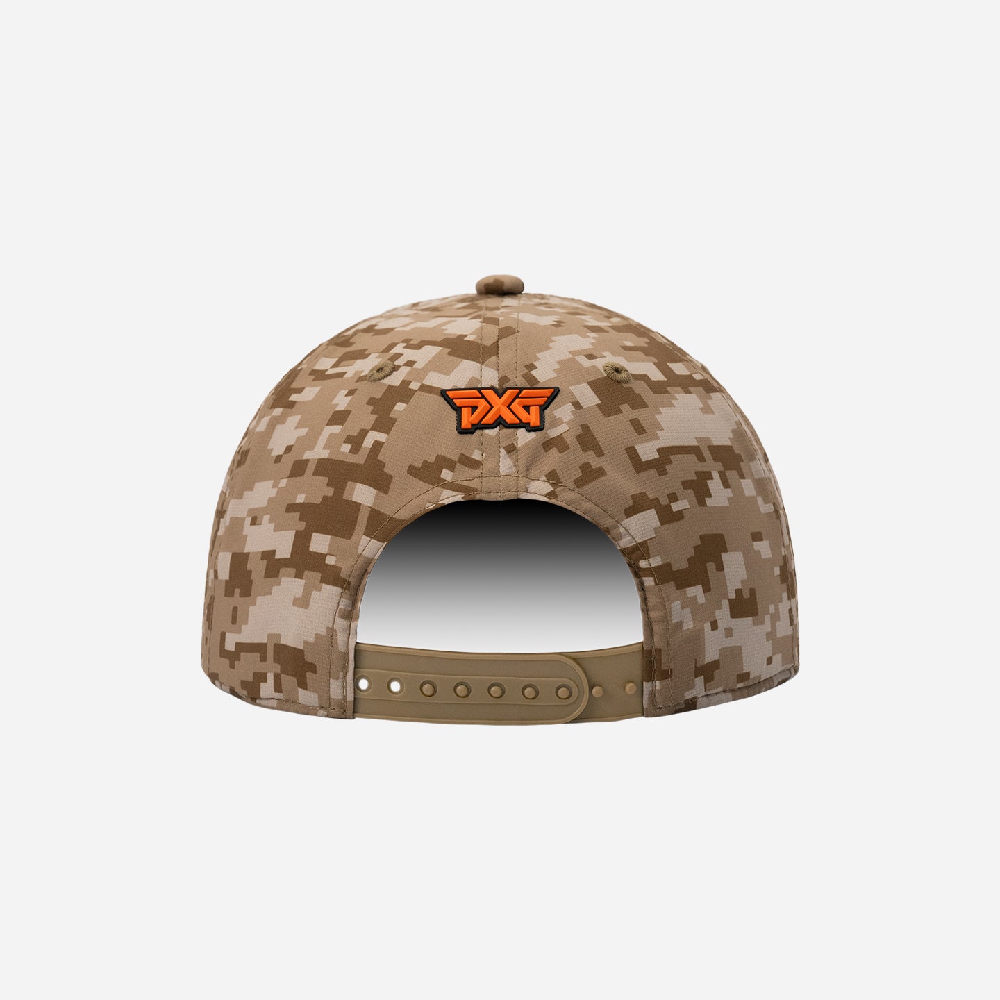 Digital camo cap with orange logo and rope detail on a white background