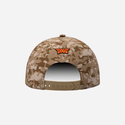 Digital camo cap with orange logo and rope detail on a white background
