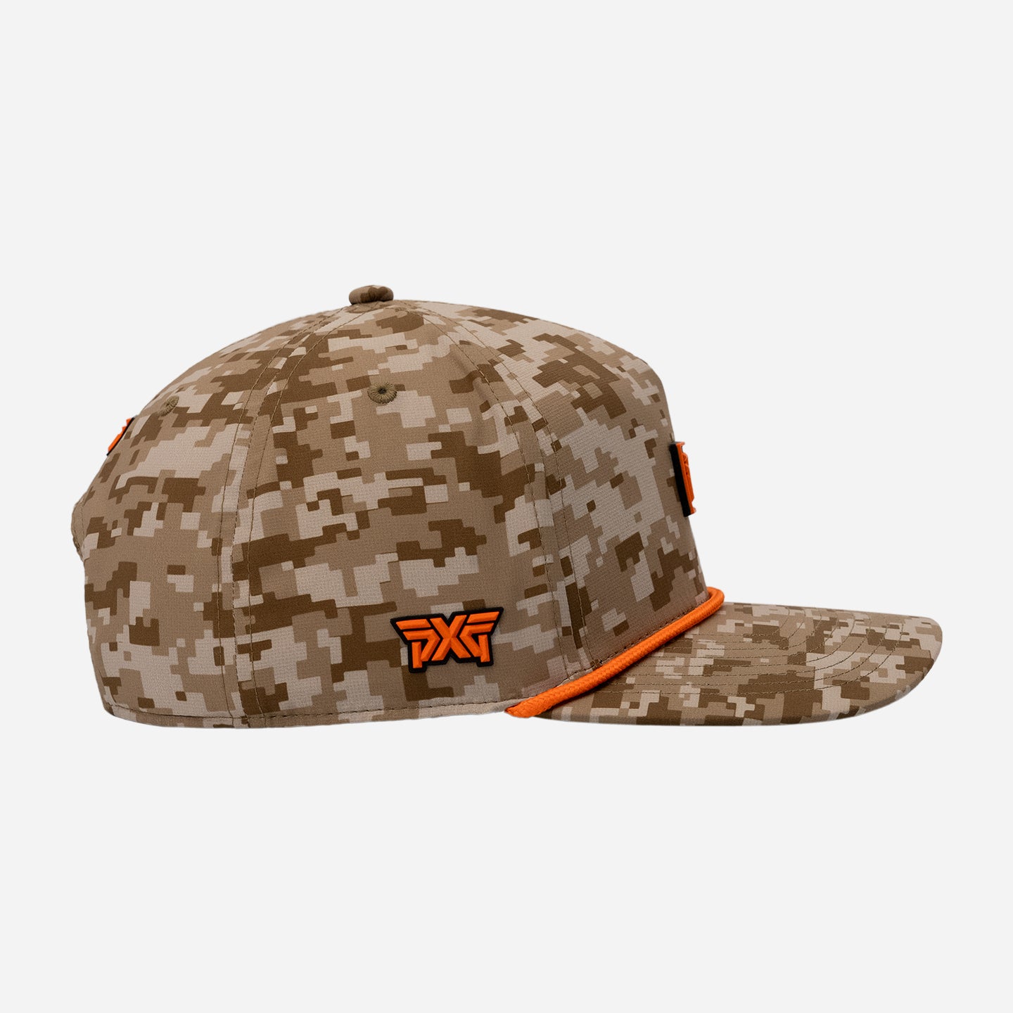 Digital camo cap with orange logo and rope detail on a white background