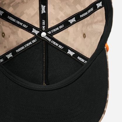 Digital camo cap with orange logo and rope detail on a white background