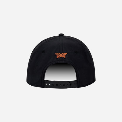 Black cap with orange logo on a white background