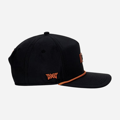 Black cap with orange logo on a white background