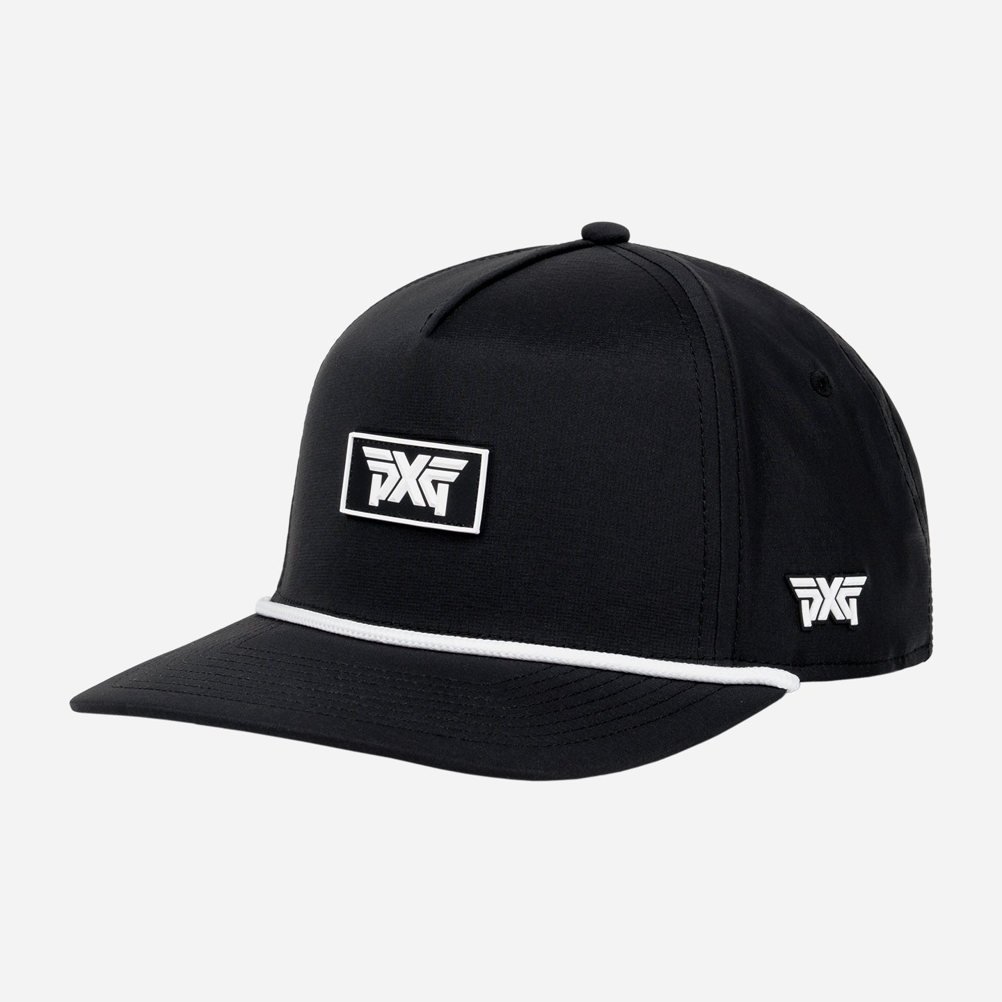 Black cap with white logo on a white background
