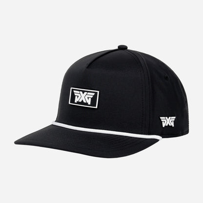 Black cap with white logo on a white background