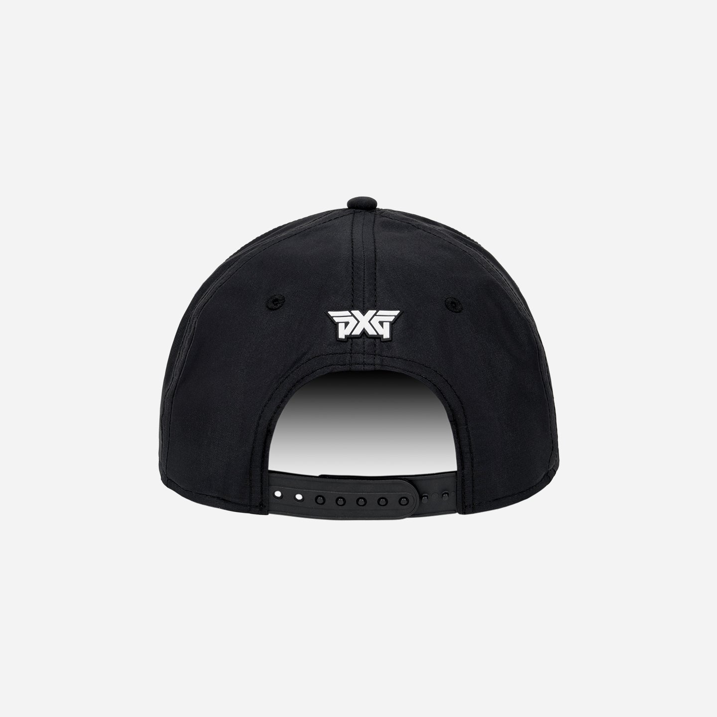Black cap with white logo on a white background