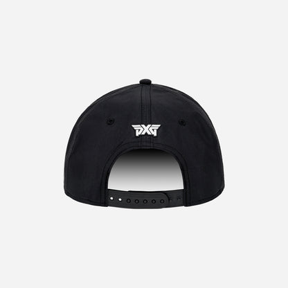 Black cap with white logo on a white background