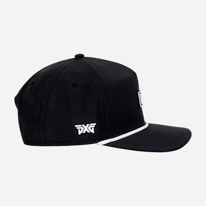 Black cap with white logo on a white background