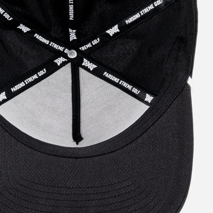 Black cap with white logo on a white background
