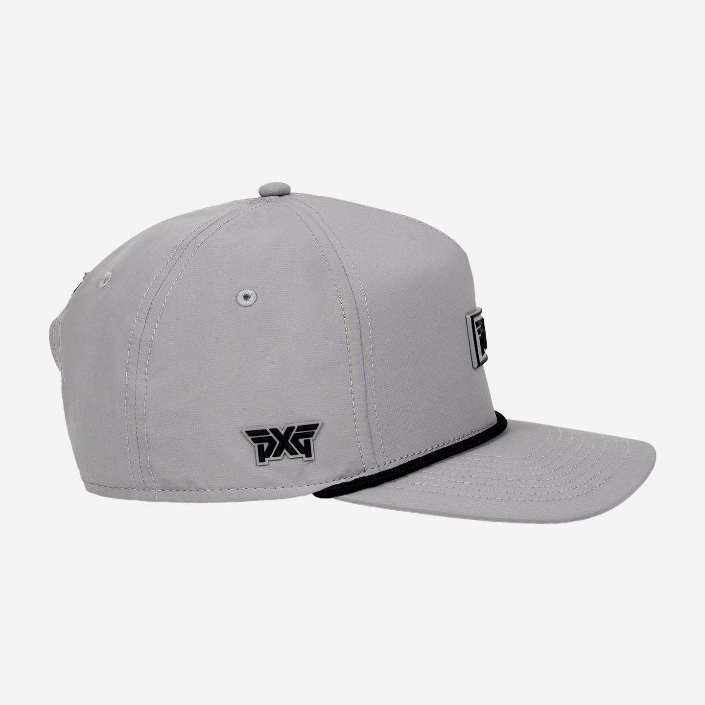 Grey cap with black logo on a white background