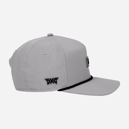 Grey cap with black logo on a white background