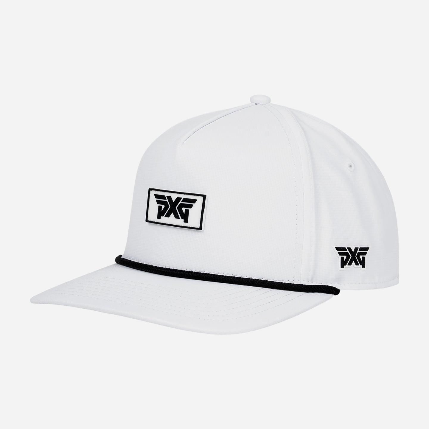 White cap with a black logo on a white background