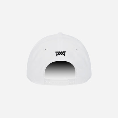 White cap with a black logo on a white background