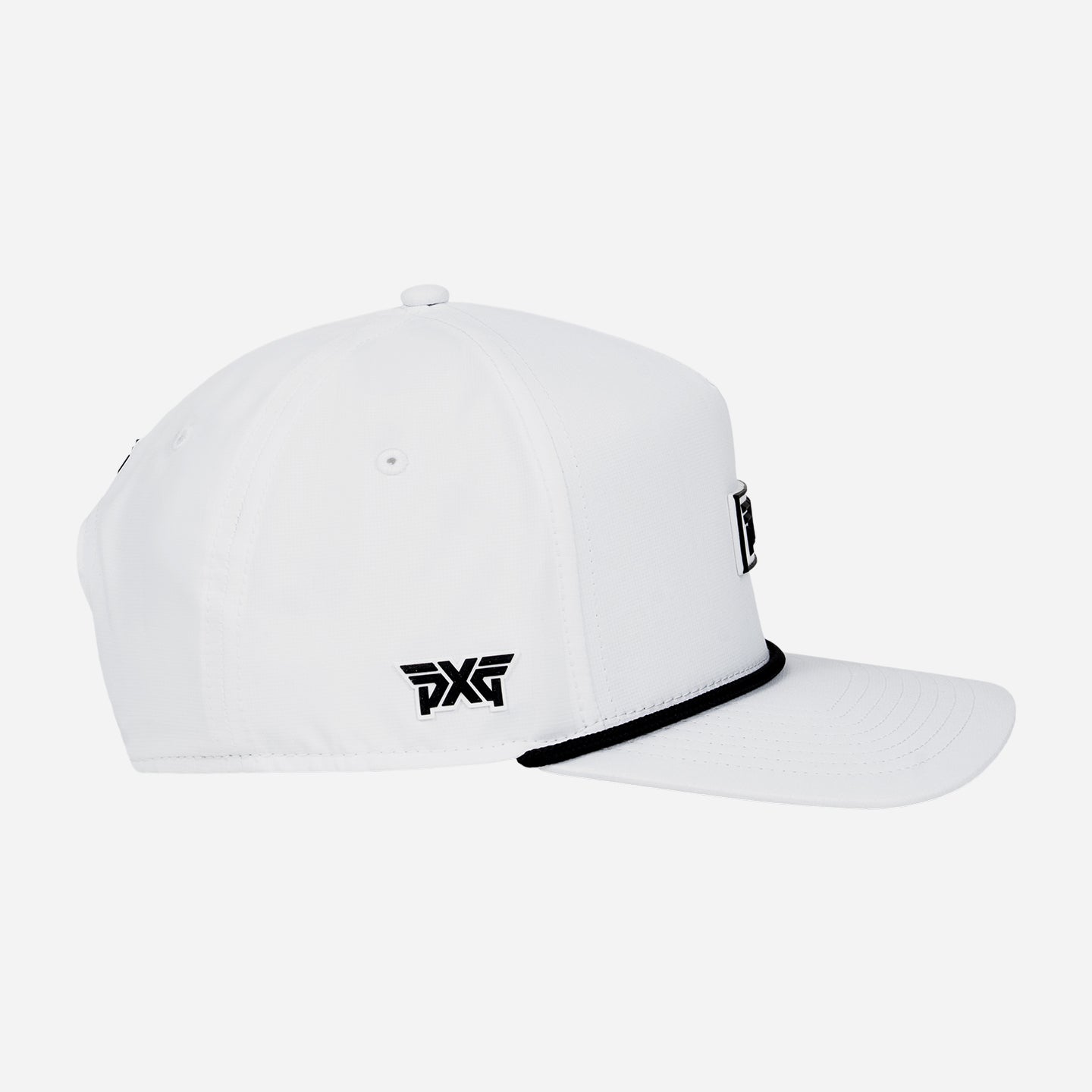 White cap with a black logo on a white background