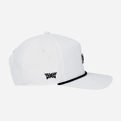 White cap with a black logo on a white background