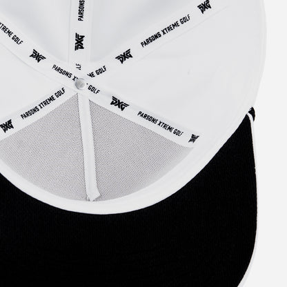 White cap with a black logo on a white background