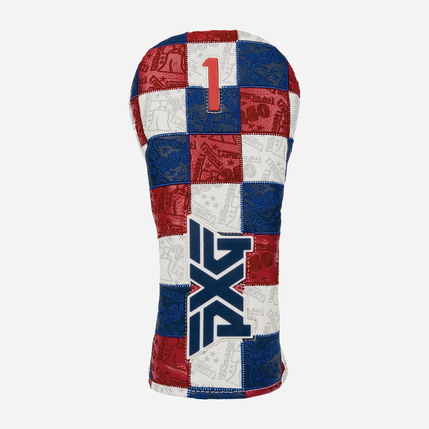 Driver headcover that has red, blue, and red leather patchwork and a blue pxg logo and a red 1 on a white background