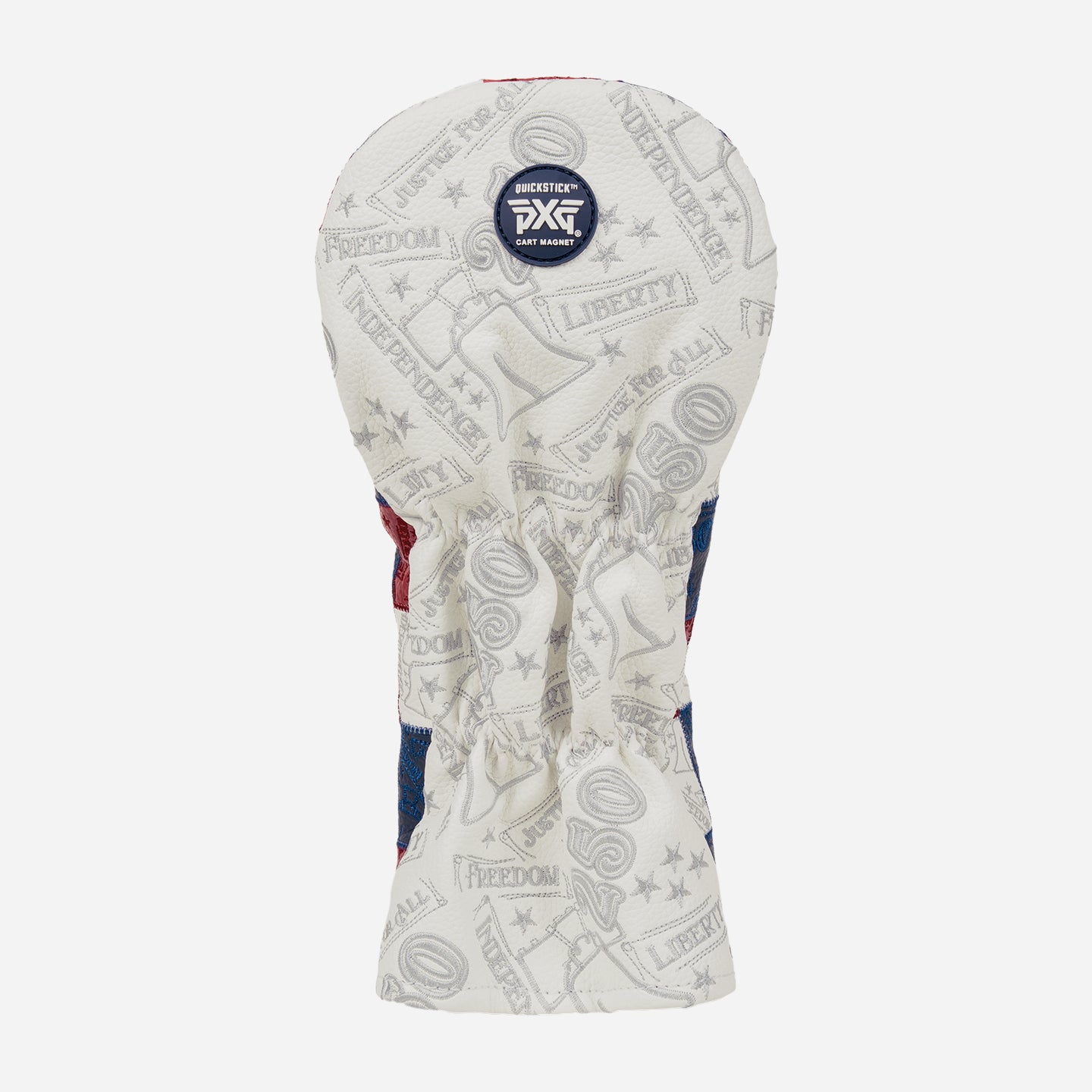 Driver headcover that has white leather decal and a blue pxg logo on a white background