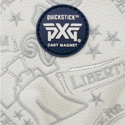 Driver headcover that has white leather decal and a blue pxg logo on a white background