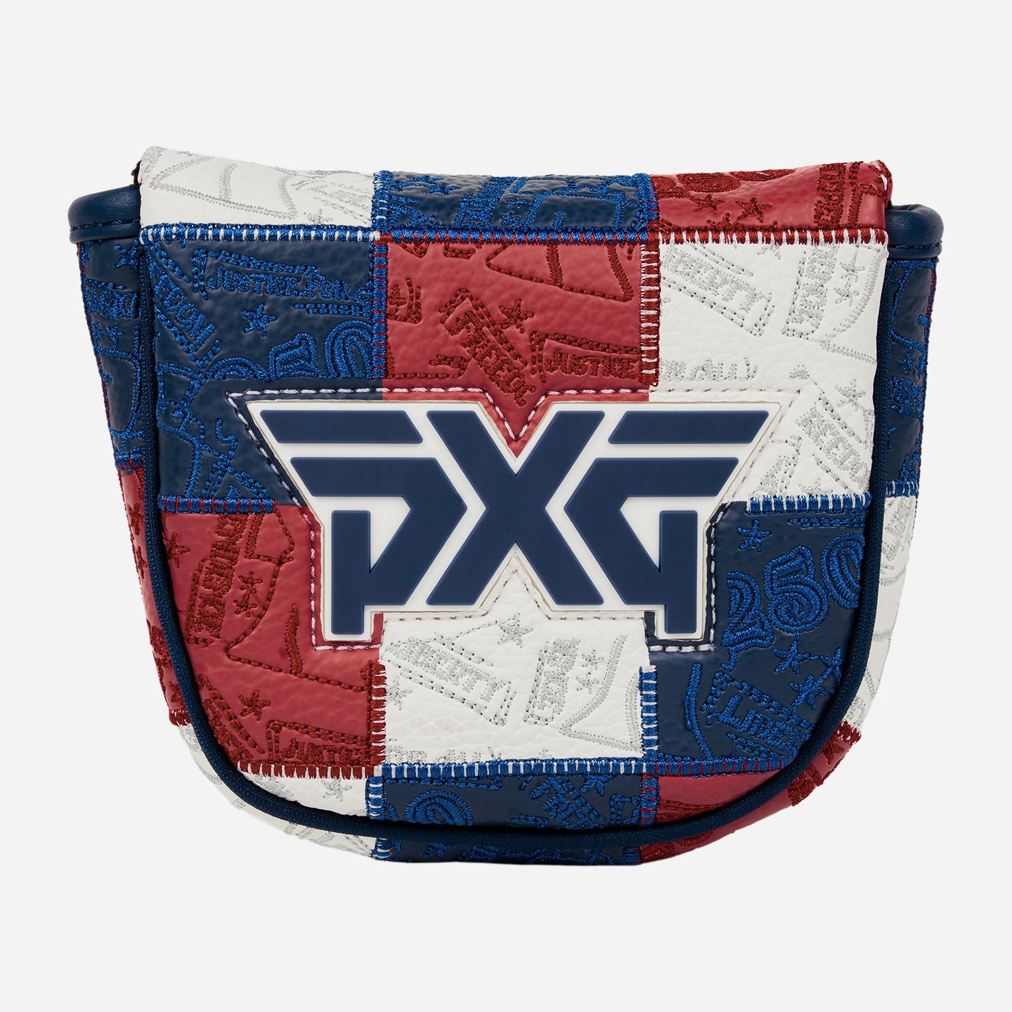 Mallet putter headcover with patchwork colors of blue, white, and red on a white background
