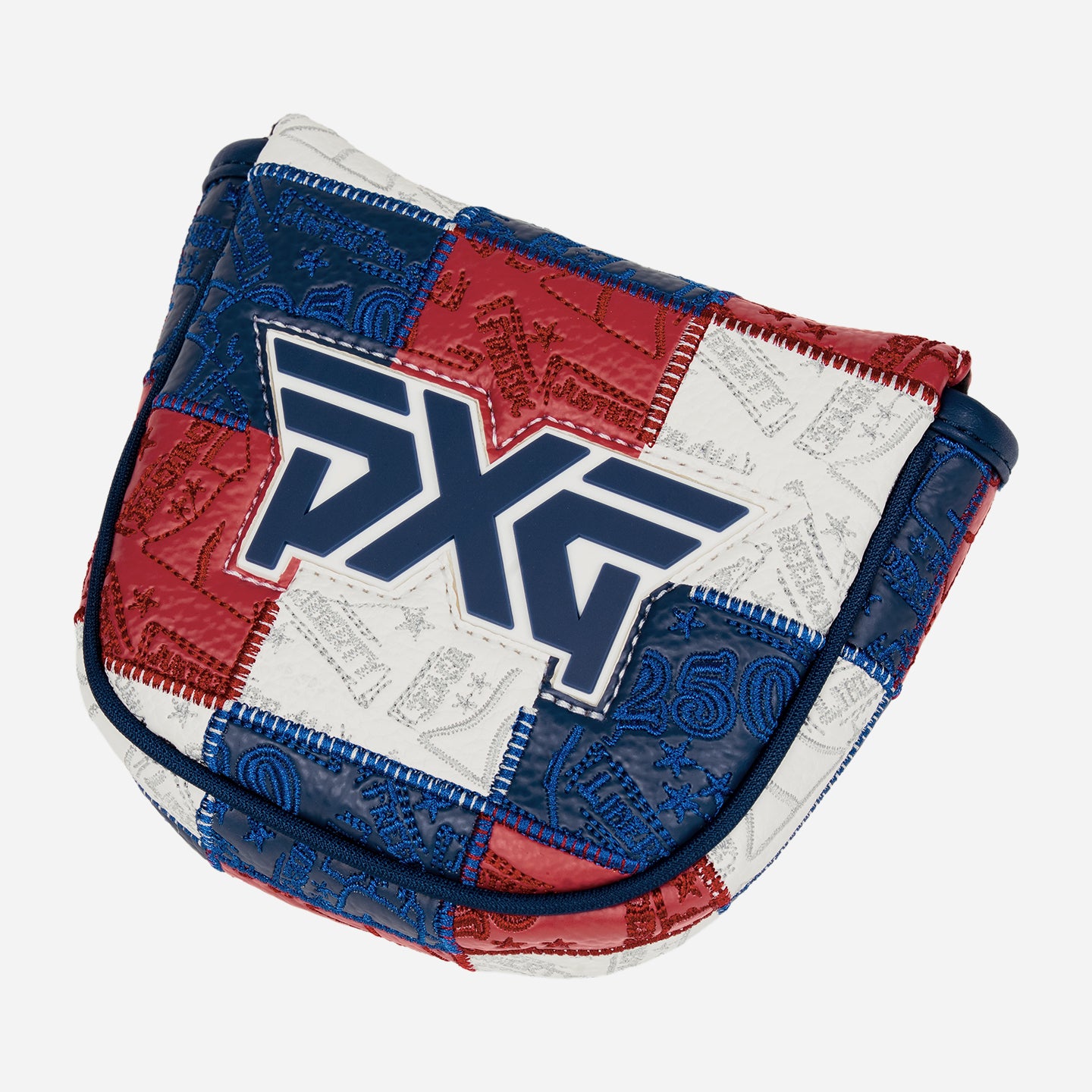 Mallet putter headcover with patchwork colors of blue, white, and red on a white background