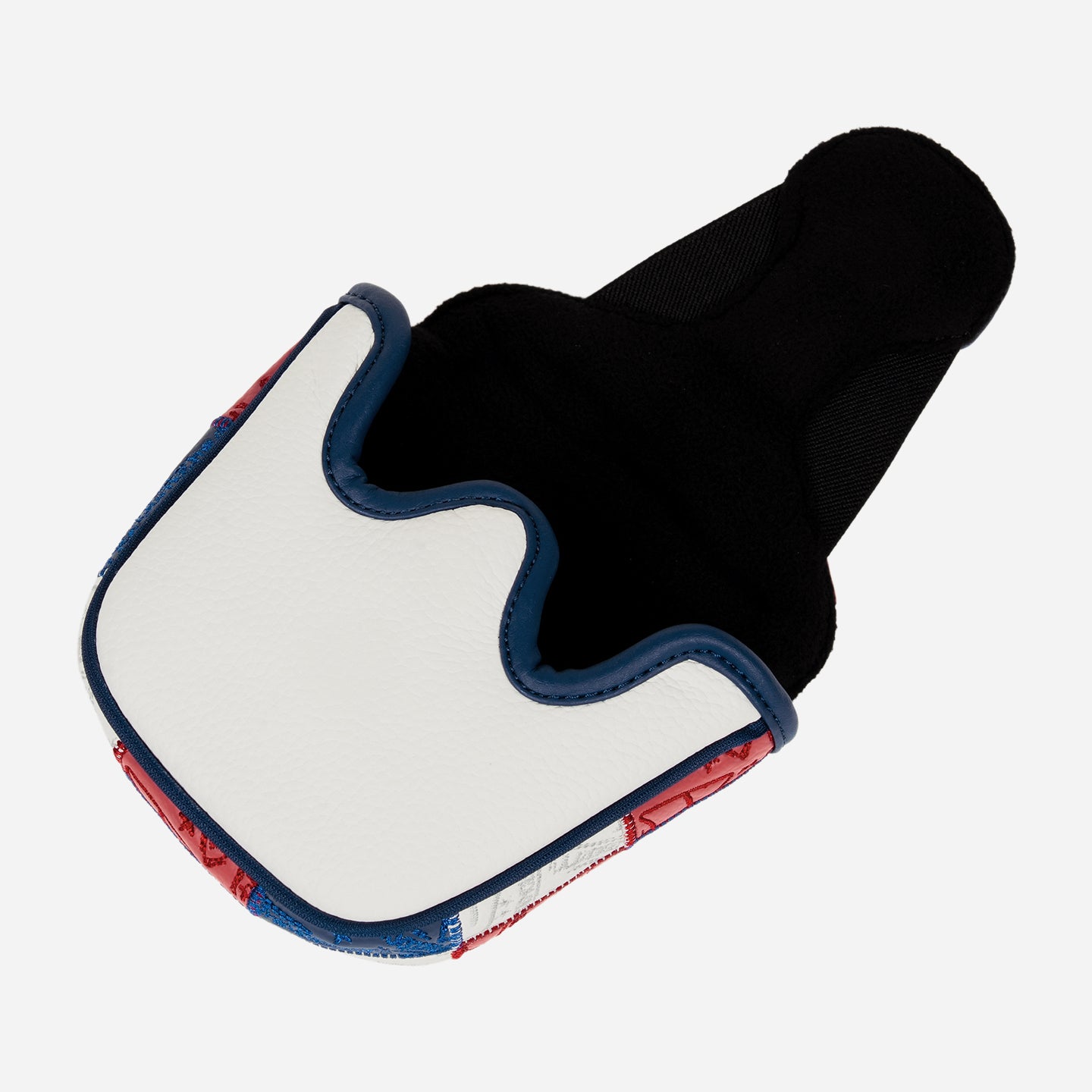 Mallet putter headcover with patchwork colors of blue, white, and red on a white background