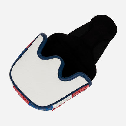Mallet putter headcover with patchwork colors of blue, white, and red on a white background