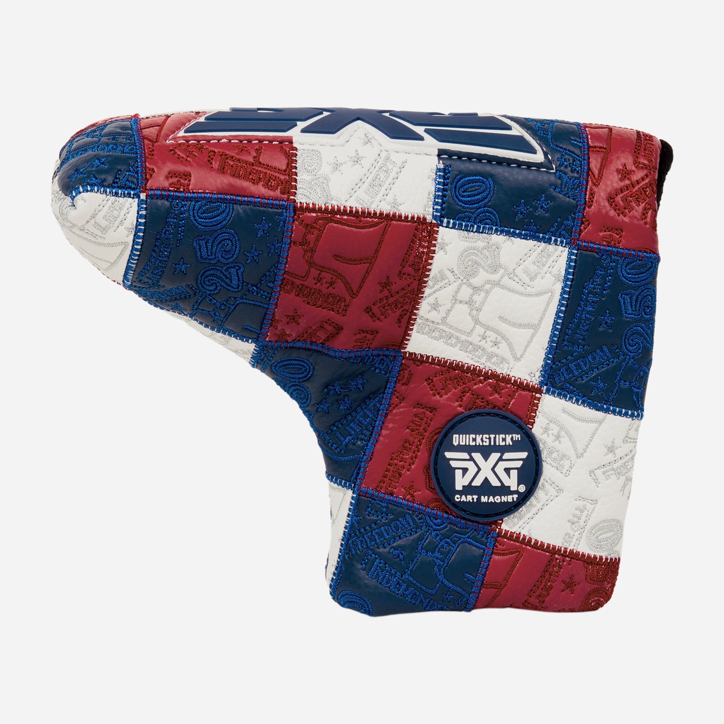 Blade putter headcover with patchwork colors of blue, white, and red on a white background