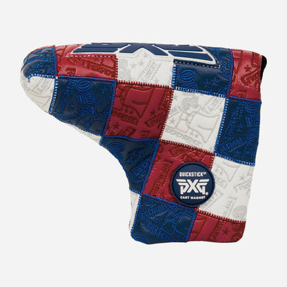 Blade putter headcover with patchwork colors of blue, white, and red on a white background