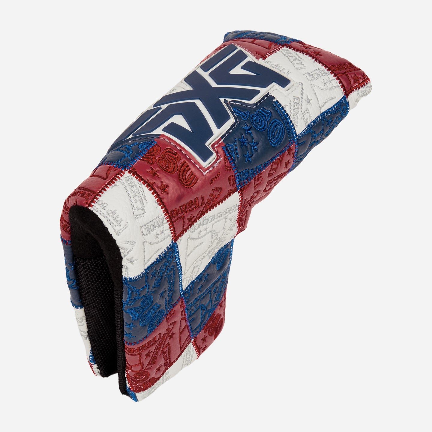 Blade putter headcover with patchwork colors of blue, white, and red on a white background