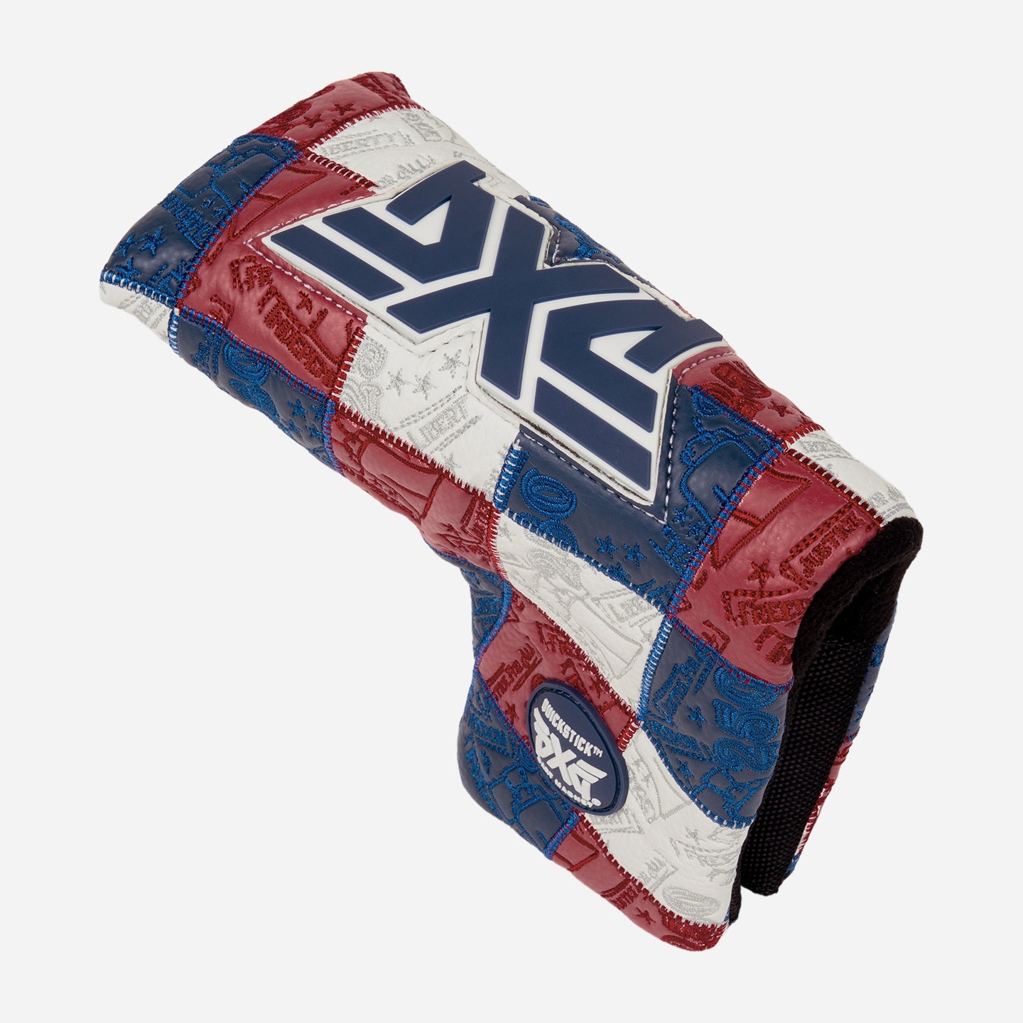Blade putter headcover with patchwork colors of blue, white, and red on a white background