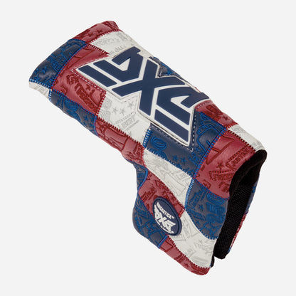 Blade putter headcover with patchwork colors of blue, white, and red on a white background