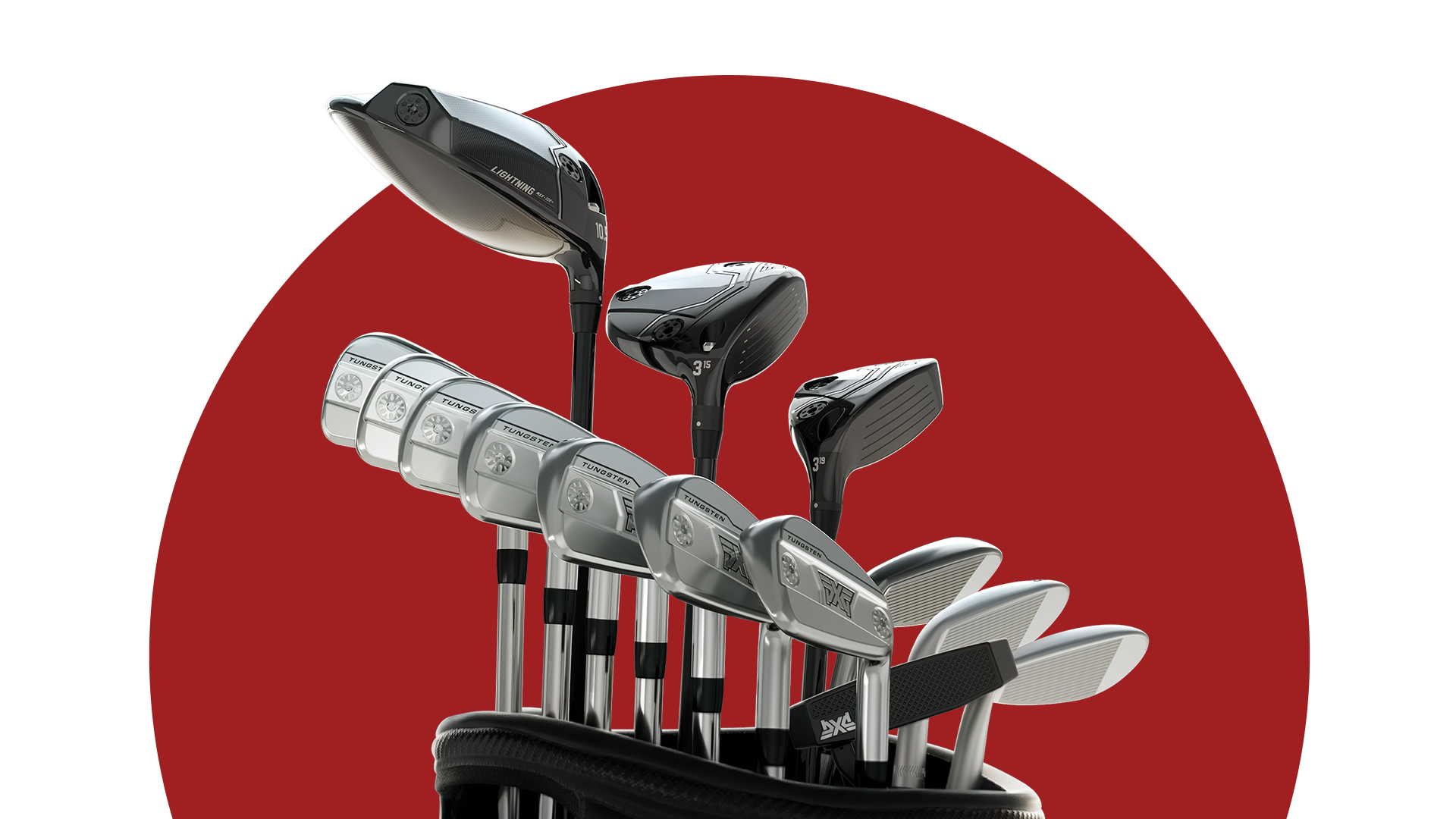 Set of golf clubs in a black stand against a red circle background