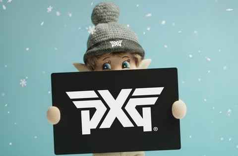 Elf-like character holding a PXG sign against a light blue background with snowflakes.