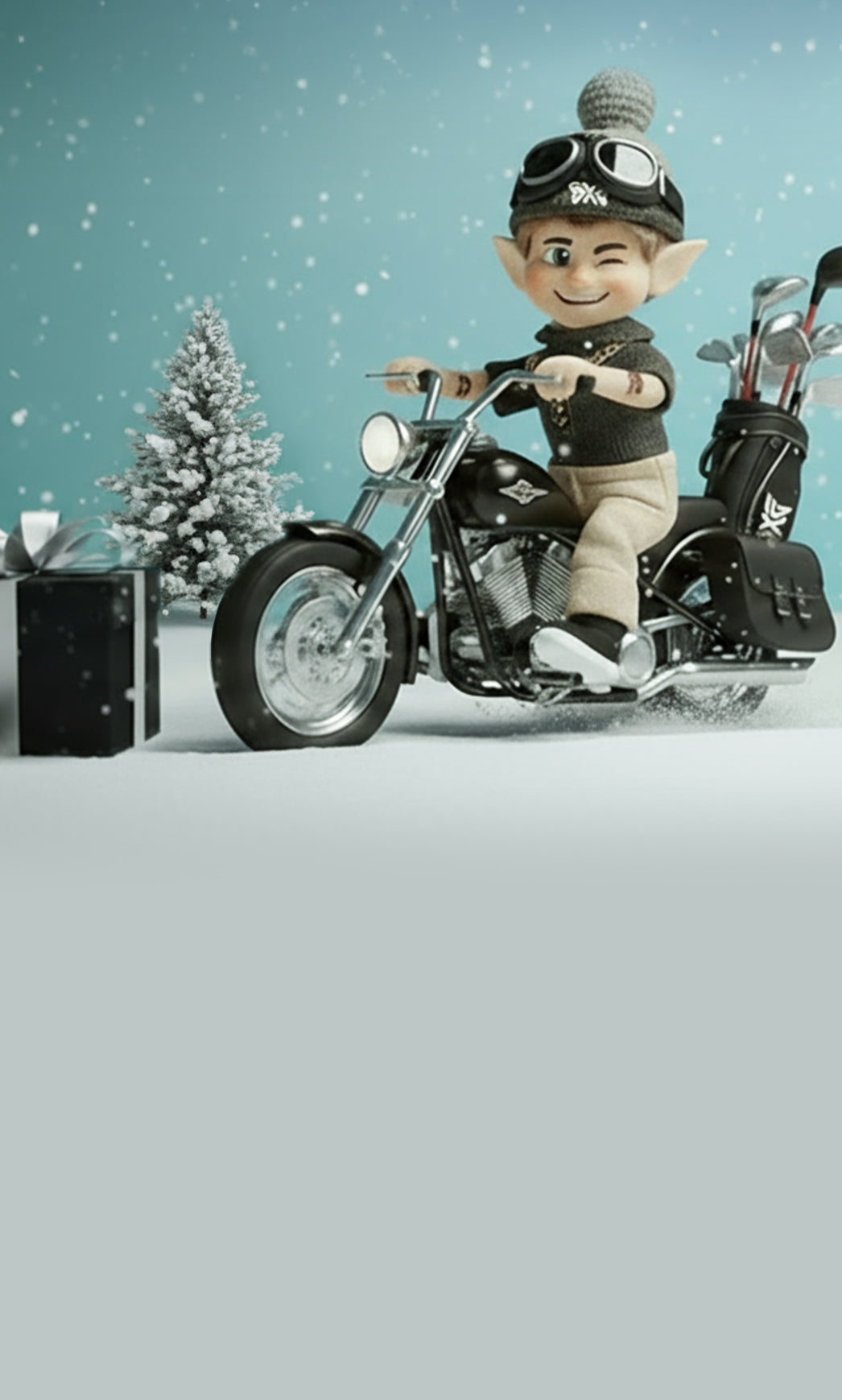 Elf on a motorcycle with a Christmas tree and presents in the background