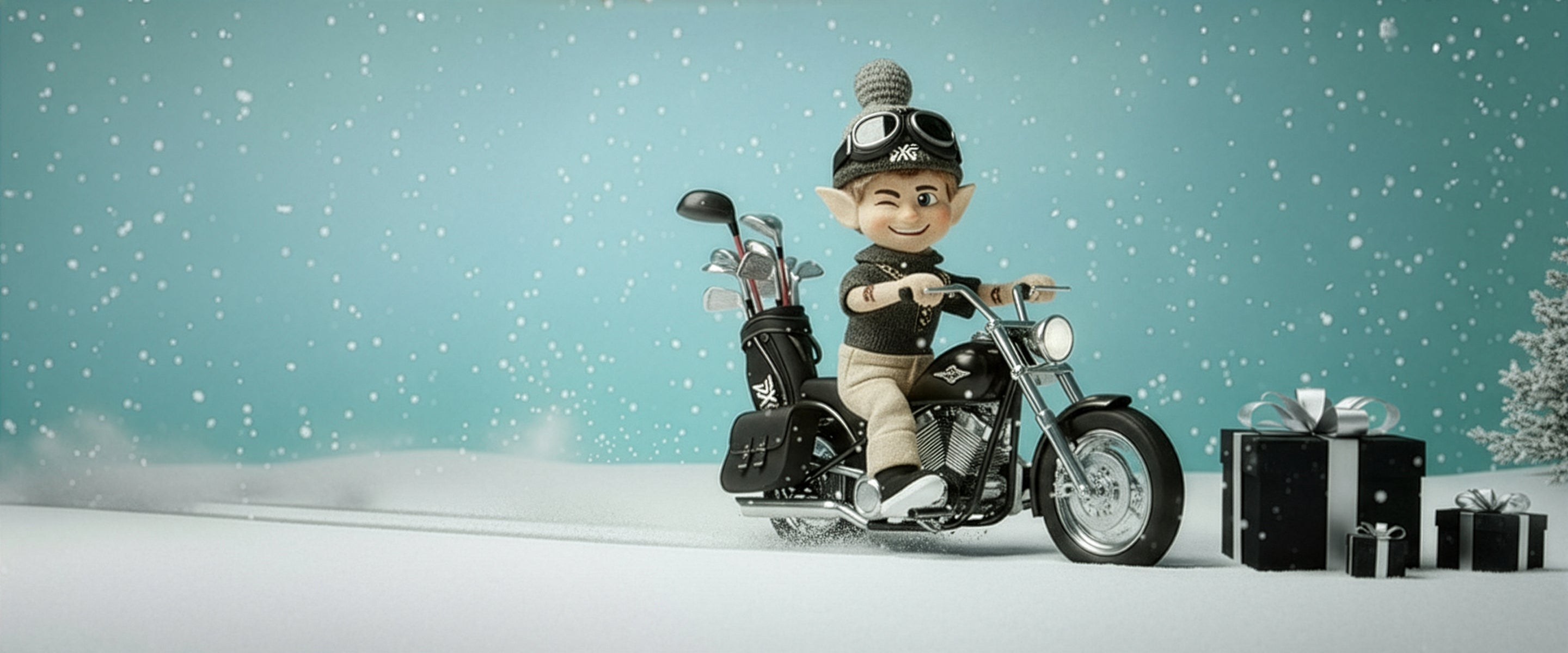 Elf on a motorcycle with Christmas presents in the snow