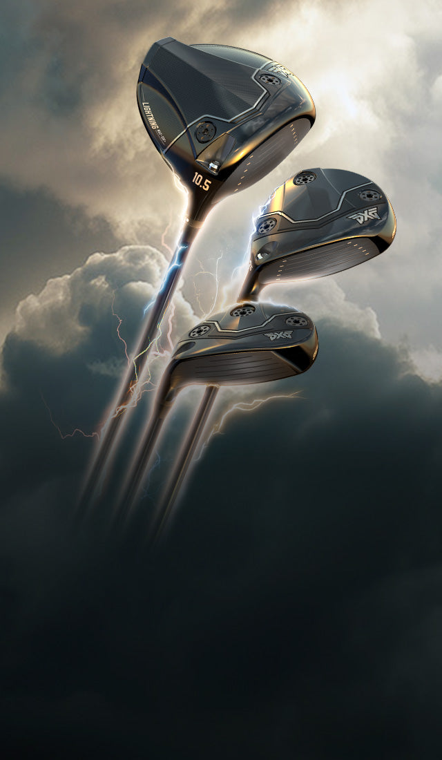 Two golf clubs against a dramatic sky with clouds