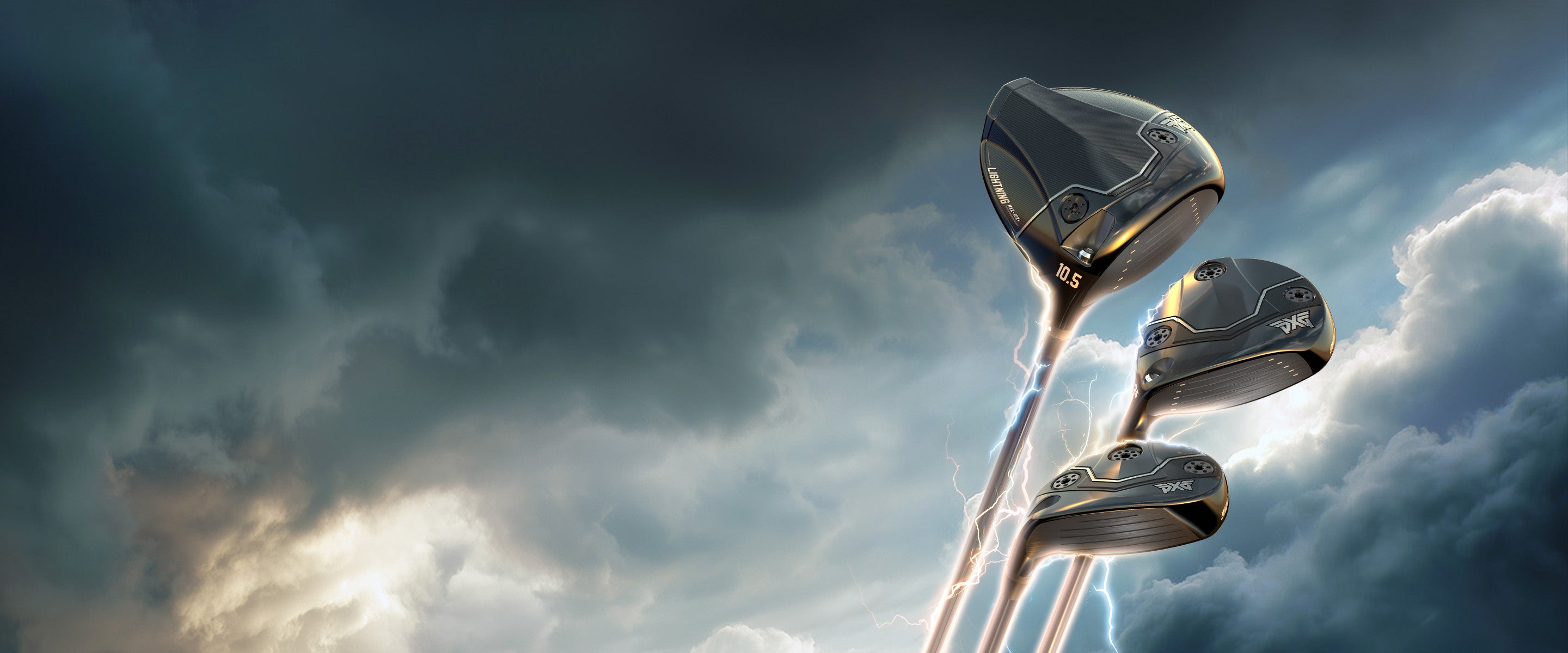 Three golf clubs with metallic finish against a dramatic sky background