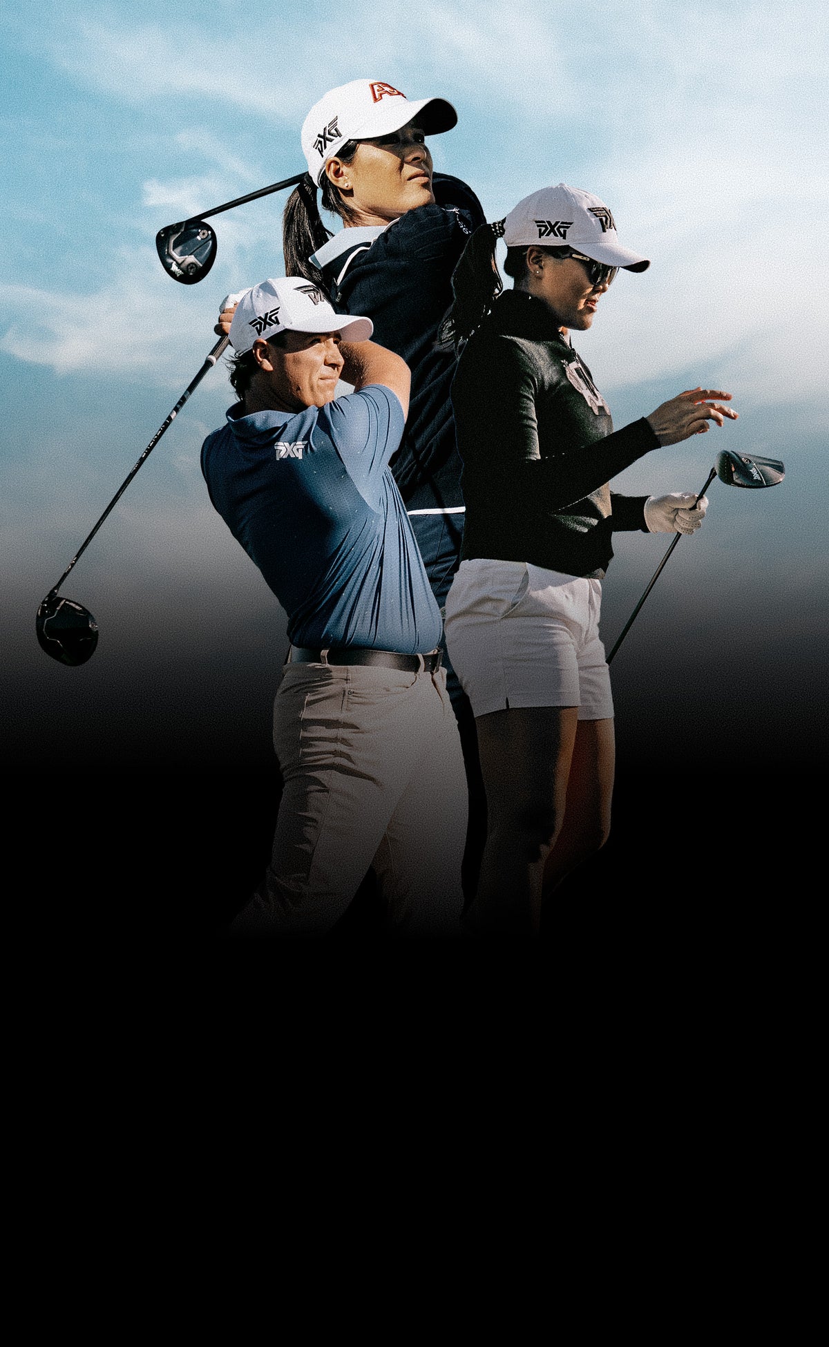 Three golfers in athletic wear and white caps posed against a dramatic sky background, with one golfer mid-swing and two standing beside him.