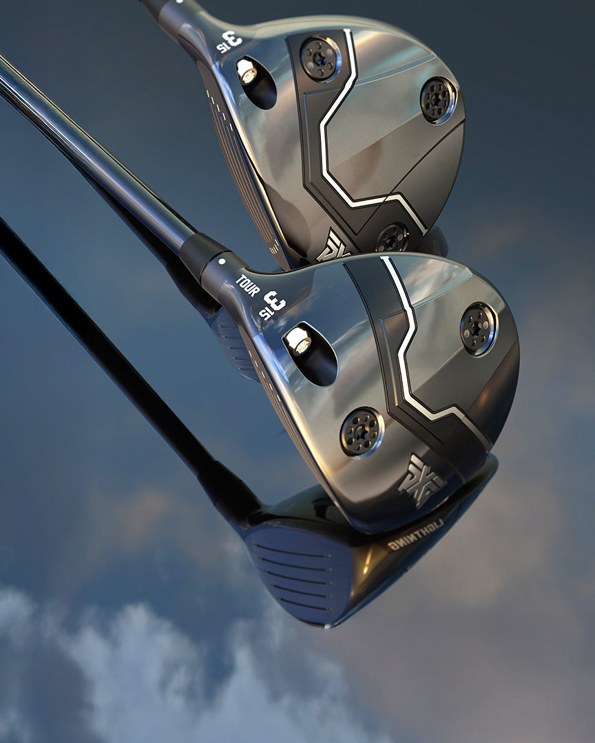 Two golf club heads with a reflective surface showing a cloudy sky.