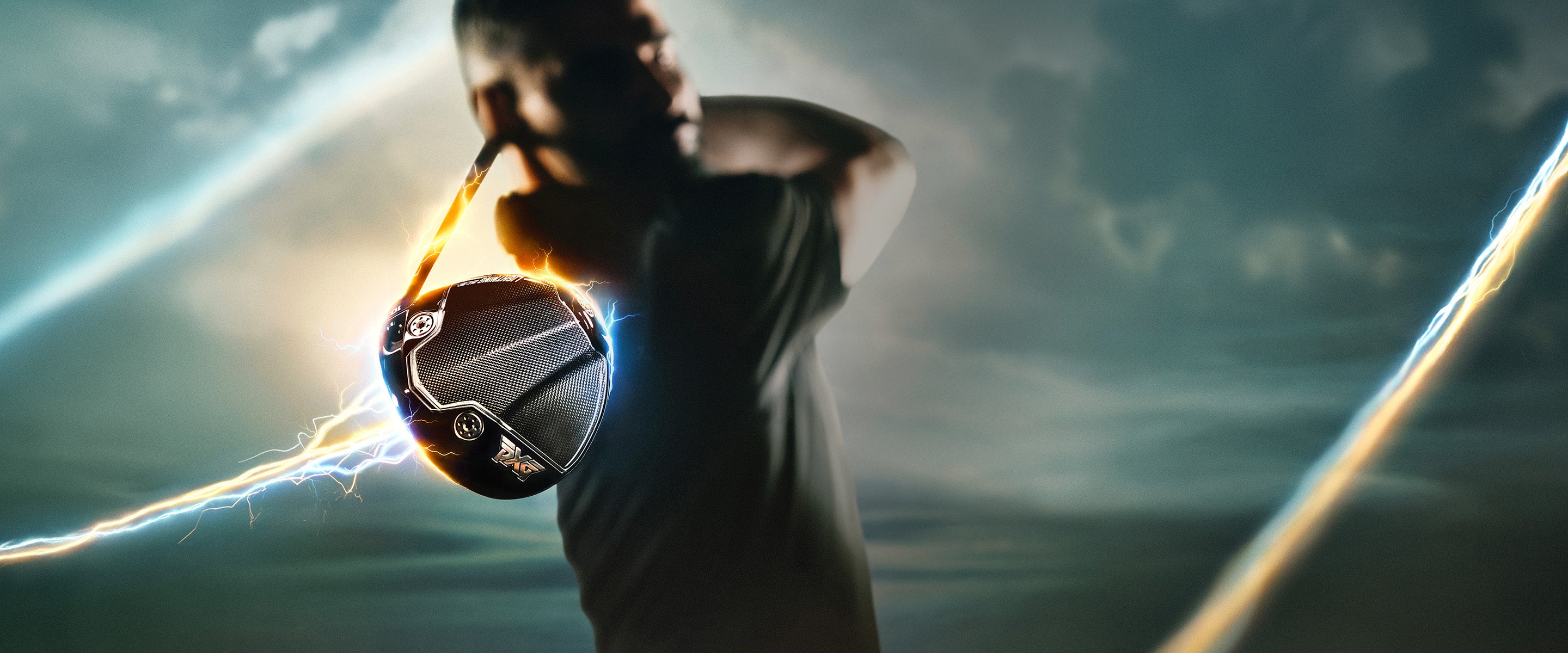 Person holding a golf club with a glowing ball, against a dramatic sky.