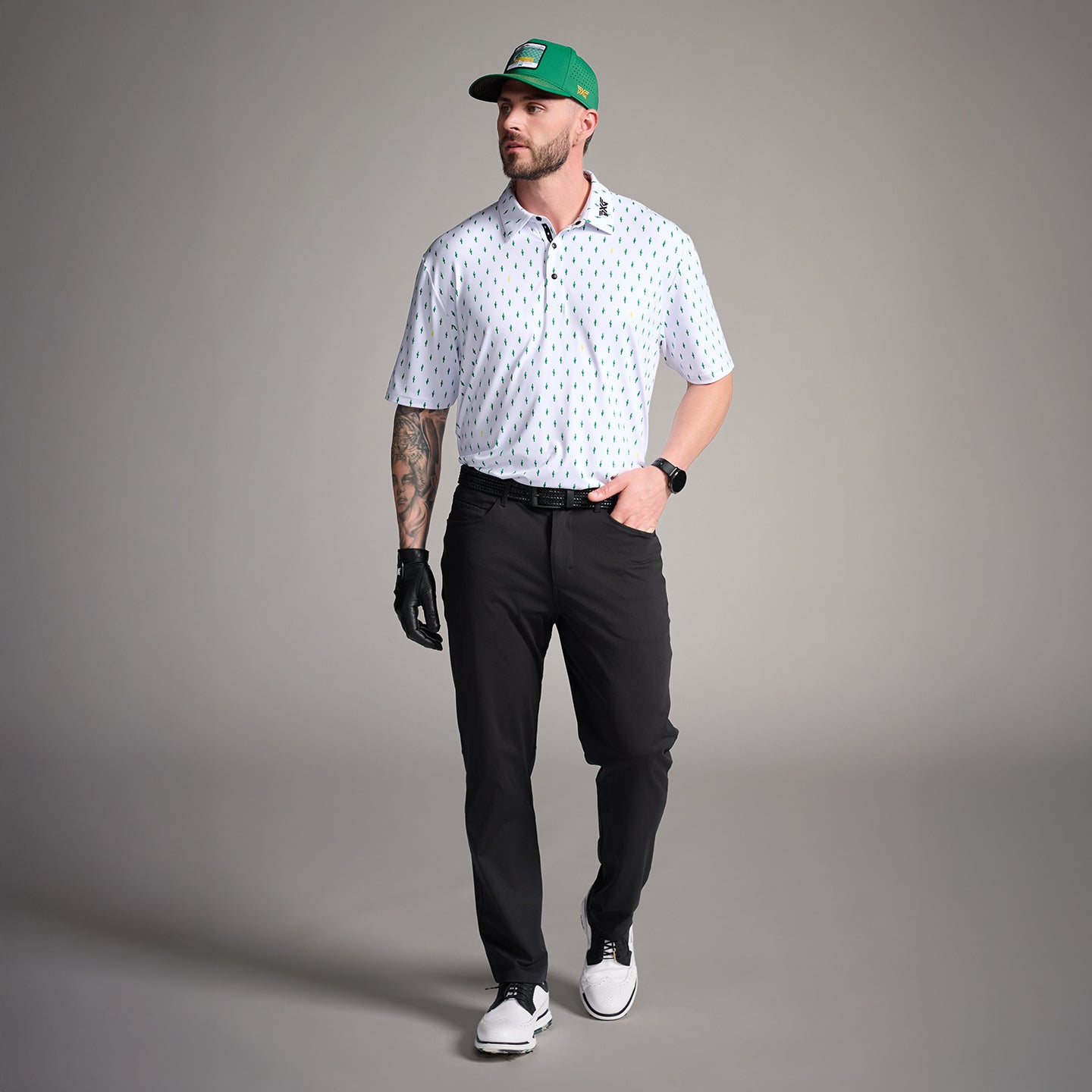 Men's Tour Cactus Print Polo in White Comfort Fit, front view