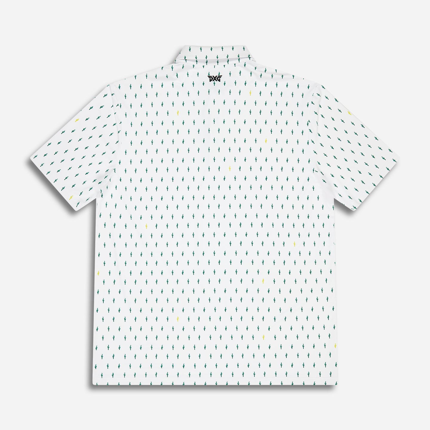Men's Tour Cactus Print Polo in White Comfort Fit, lay flat back view