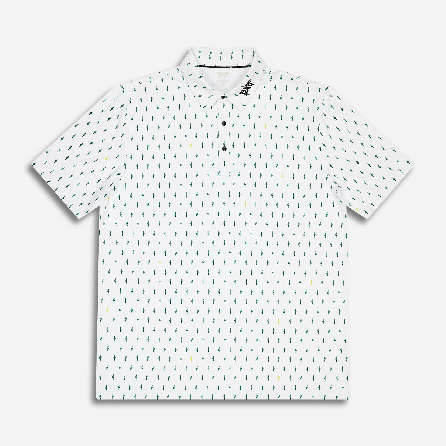 Men's Tour Cactus Print Polo in White Comfort Fit, lay flat front view