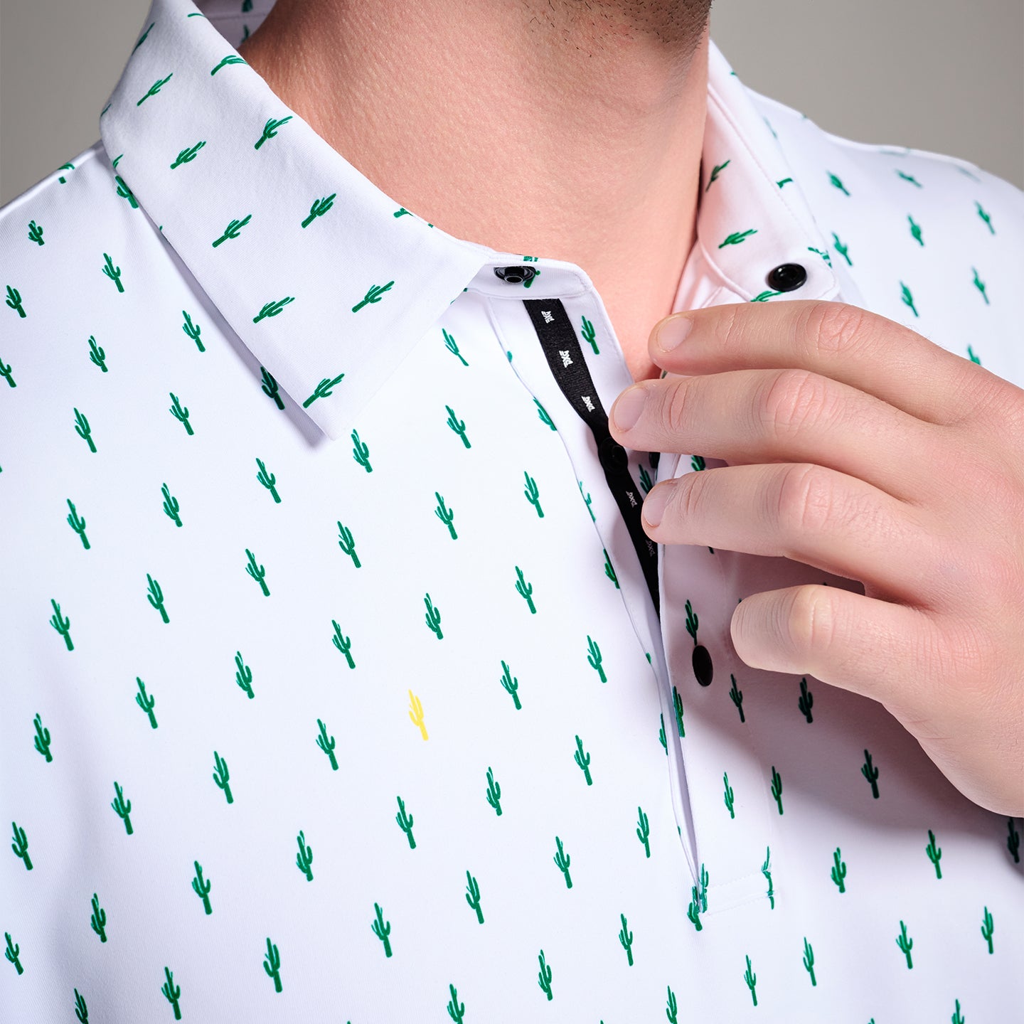 Men's Tour Cactus Print Polo in White Comfort Fit, side detail view