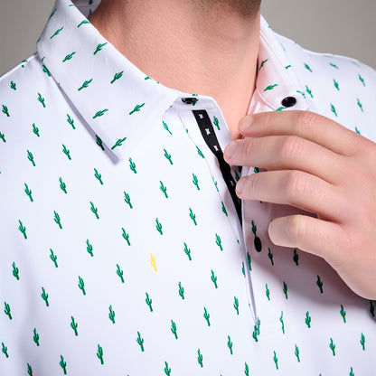 Men's Tour Cactus Print Polo in White Comfort Fit, side detail view