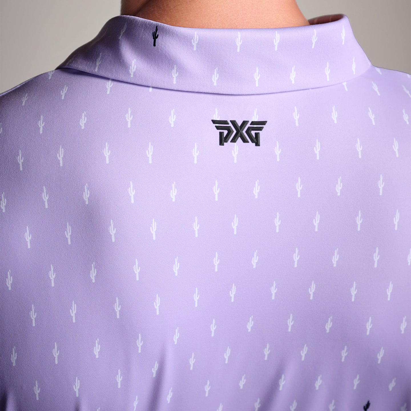Men's Tour Cactus Print Polo in Lavender Mist Comfort Fit, back detail view