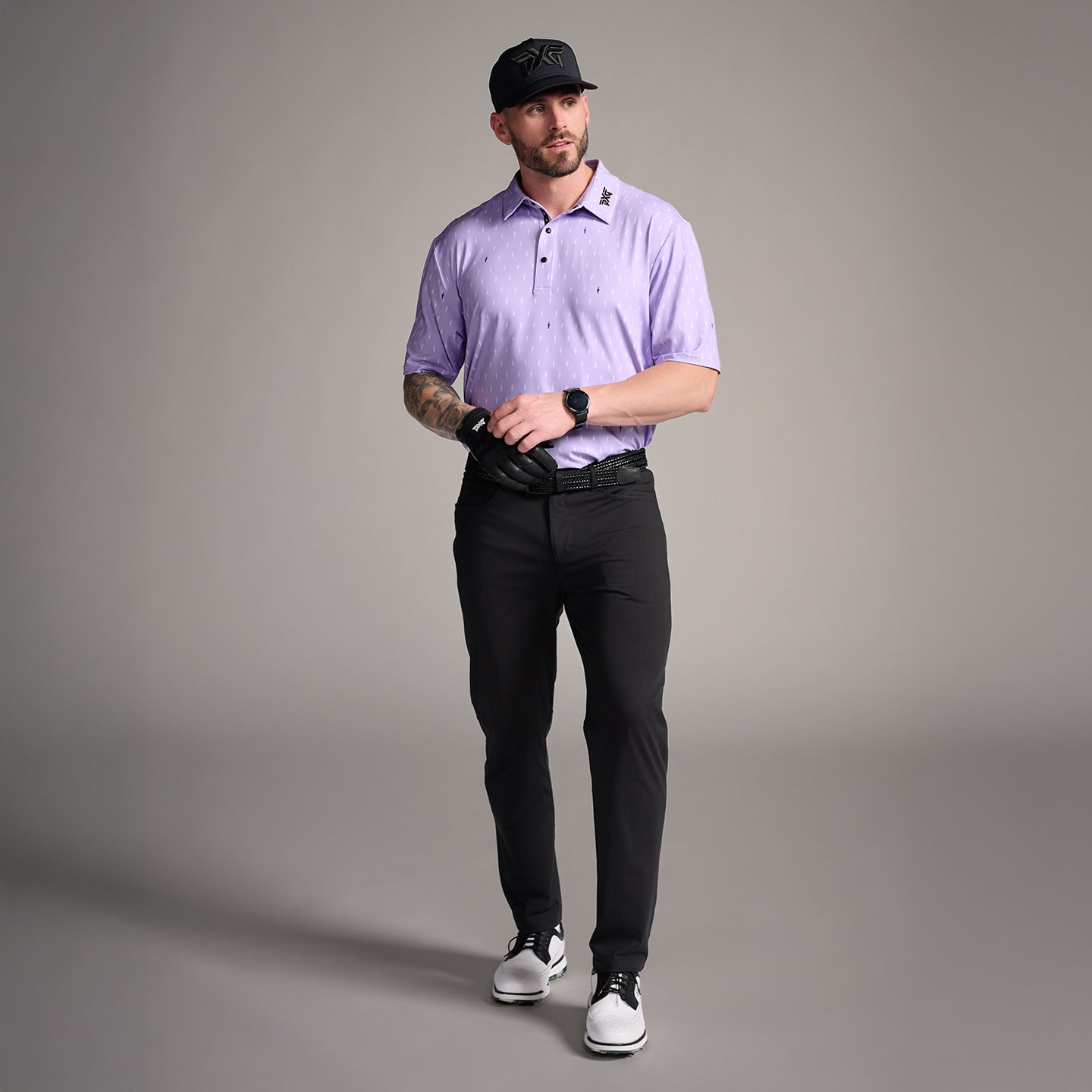Men's Tour Cactus Print Polo in Lavender Mist Comfort Fit, front view