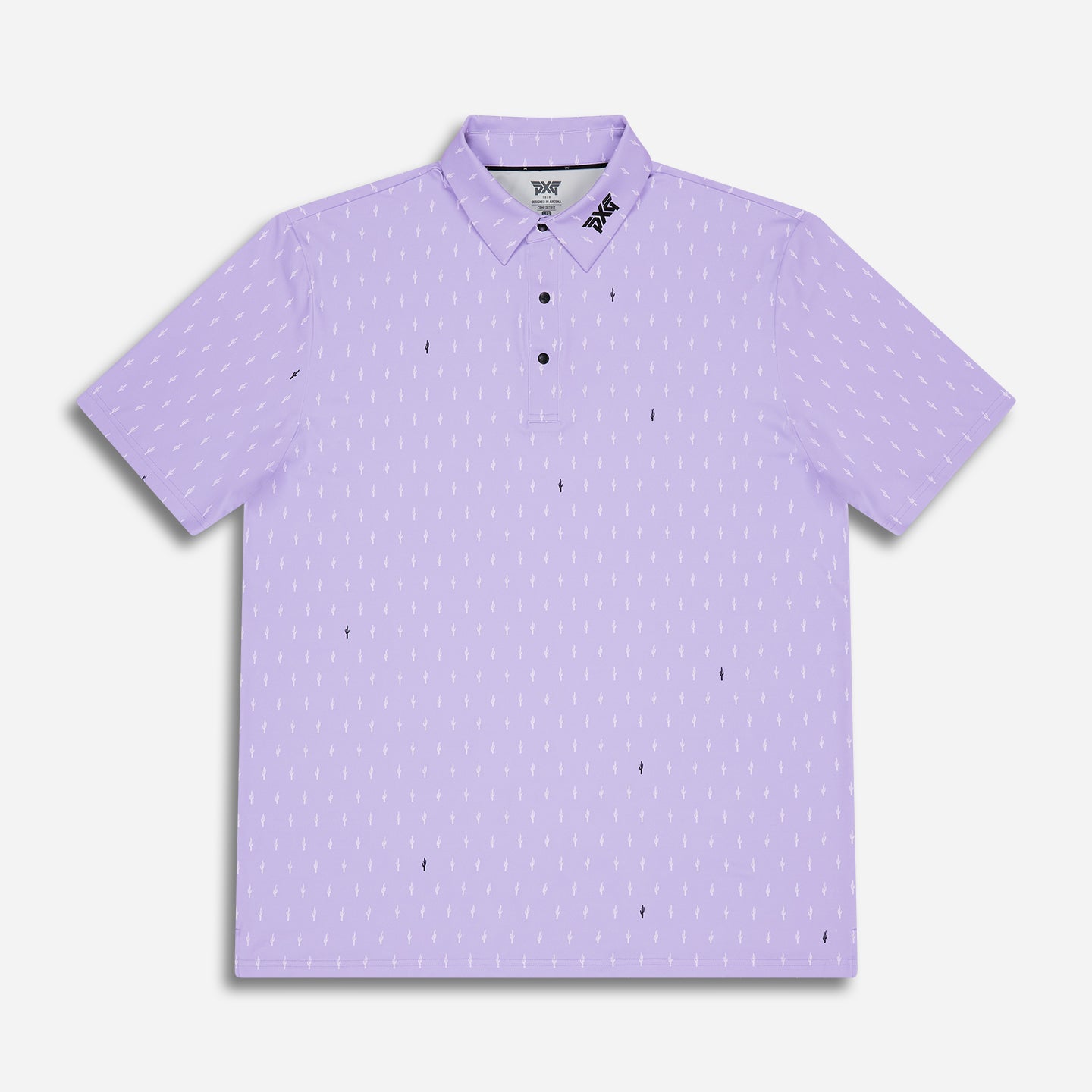 Men's Tour Cactus Print Polo in Lavender Mist Comfort Fit, lay flat front view