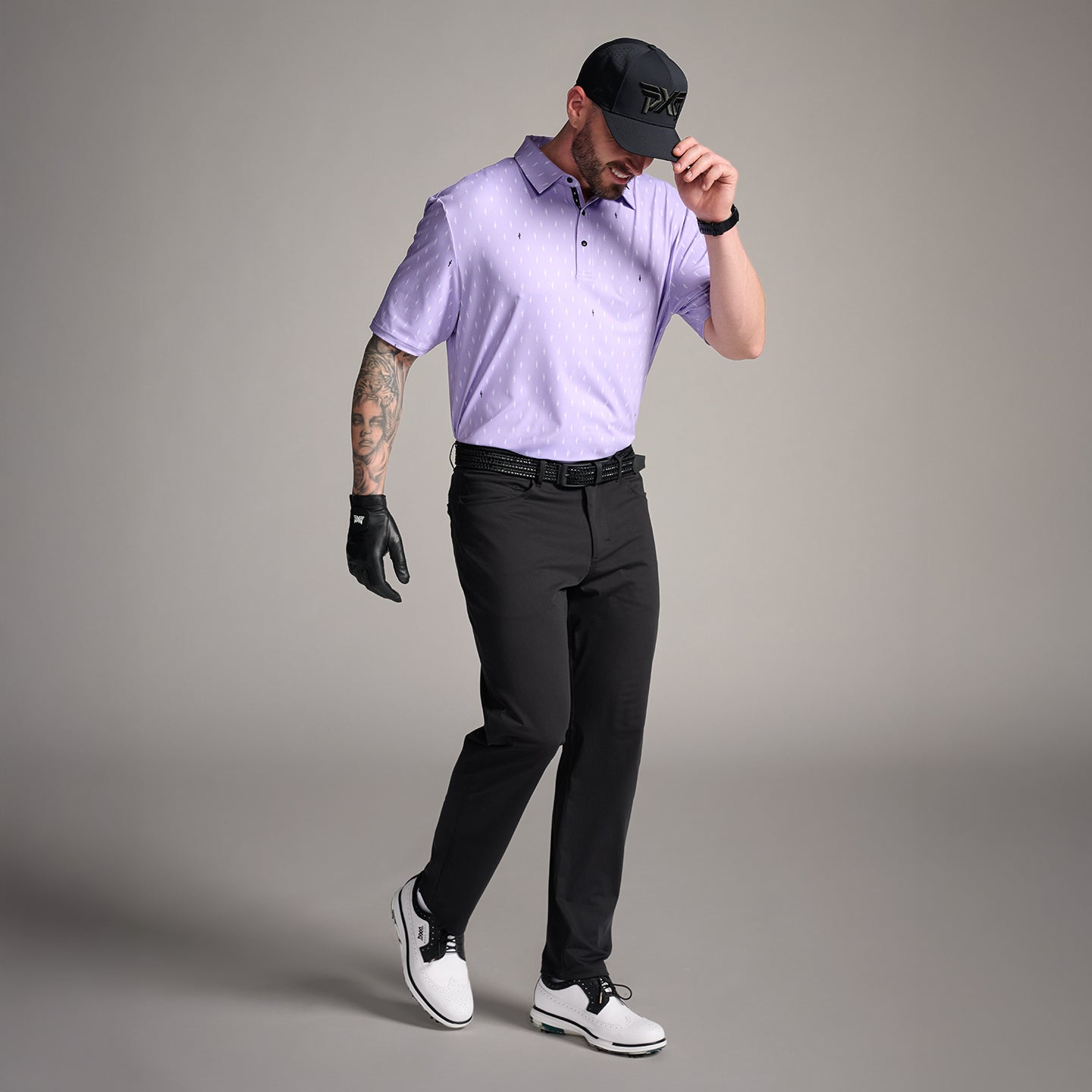 Men's Tour Cactus Print Polo in Lavender Mist Comfort Fit, side view