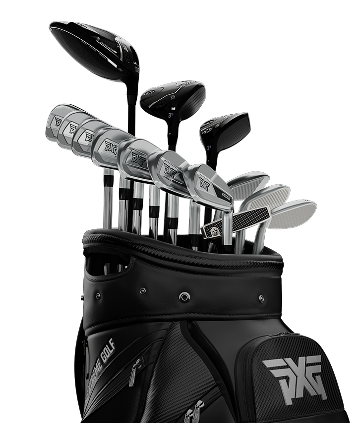 A black PXG golf bag filled with a set of PXG golf clubs, including wood and iron clubs with silver and black heads, on a white background.